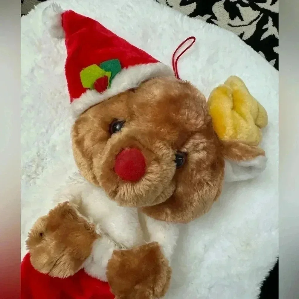 Vintage Christmas Stocking Teddy Bear Santa Hat Reindeer 80’s 90’s Cute Gift